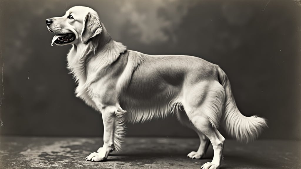 una fotografia en blanco y negro de un golden retriever del siglo XIX