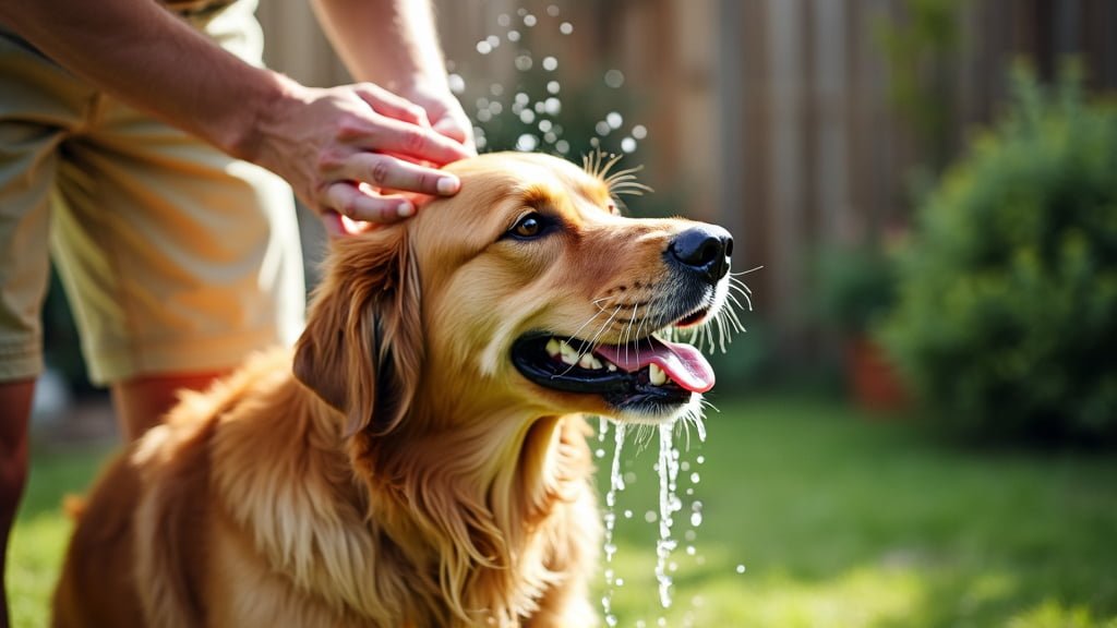 a person showering a golden retriever dog in their garden