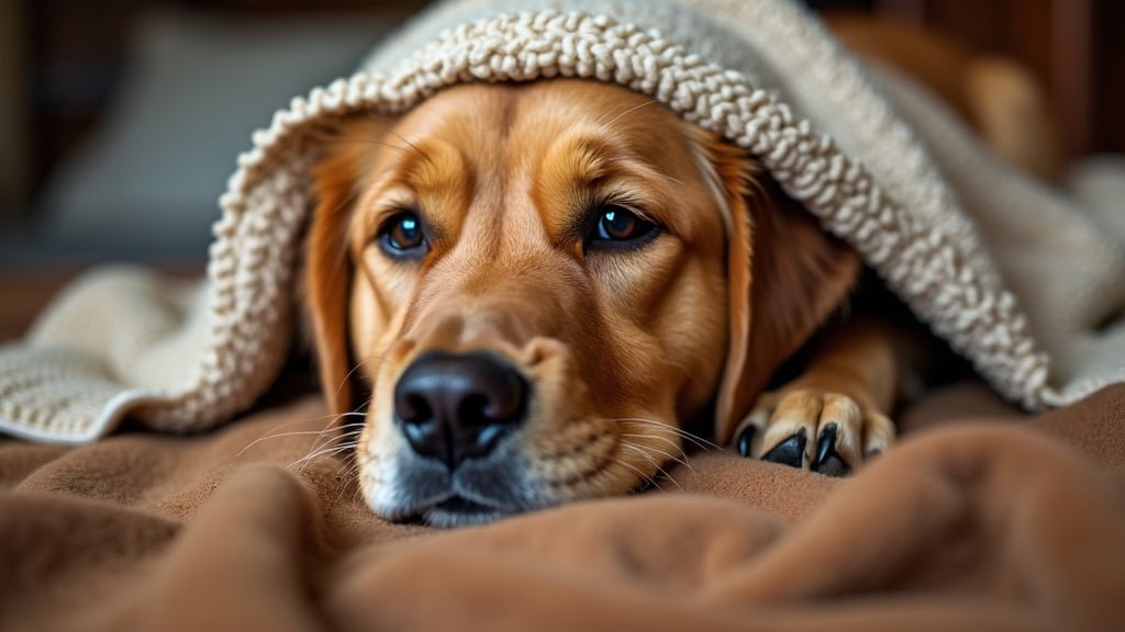 un perro golden retriever tapado con una manta